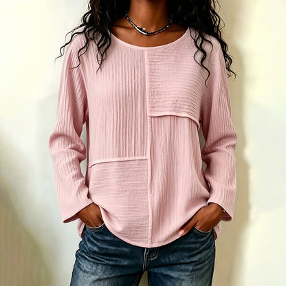 👕Damtopp med rundhals och texturerad patchwork🎉