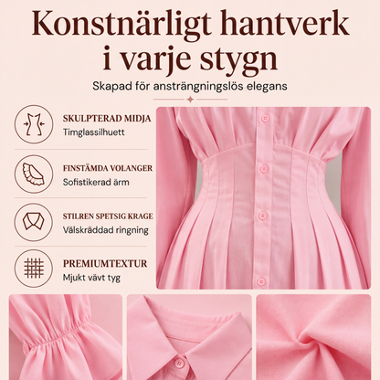 Långärmad skjortklänning för kvinnor med veckad midja