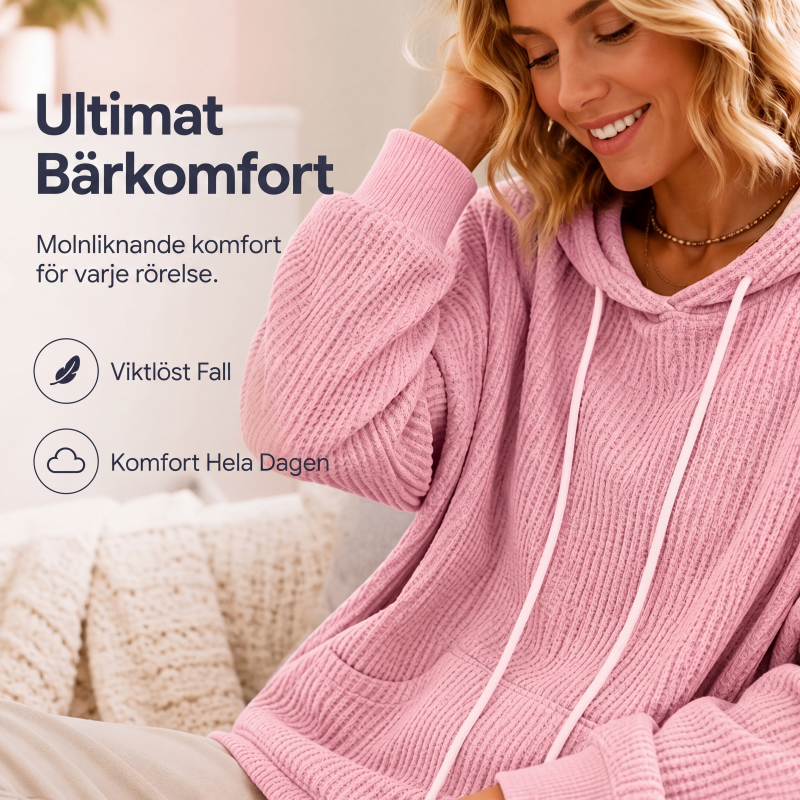Damernas vaffelstickade luvtröja med lös passform och fickor