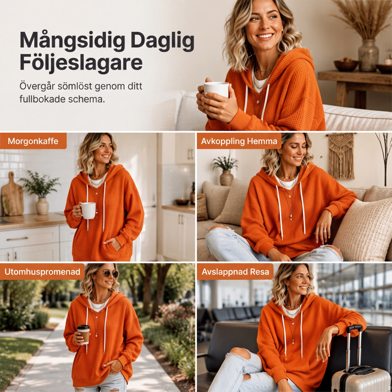 Damernas vaffelstickade luvtröja med lös passform och fickor
