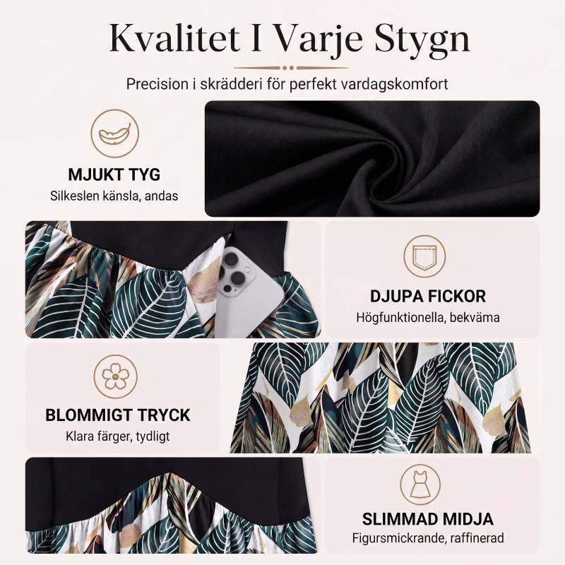 Damklänning med V-ringning och korta ärmar, längd upp till mitten av vaden