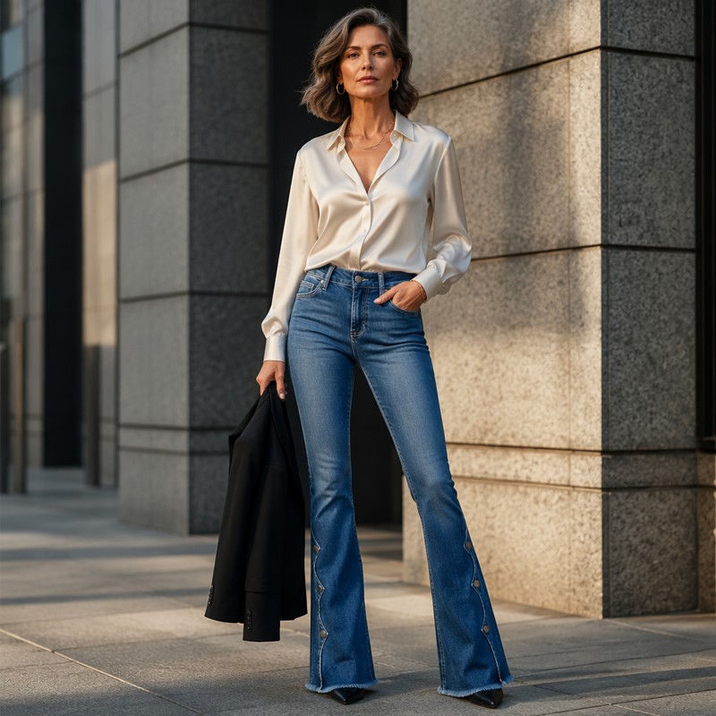 Damernas högmidjade slitna bootcut-jeans