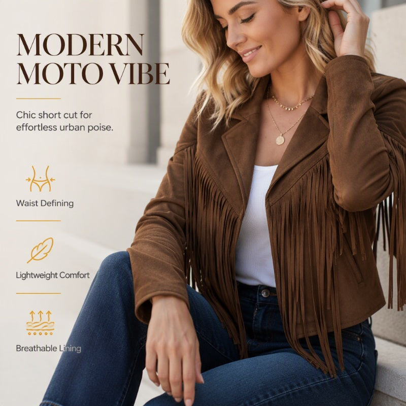 💰 Halva priset! Western fringe jacka i mockaimitation, med fransar, motorcykelstil, passar till allt. ✨