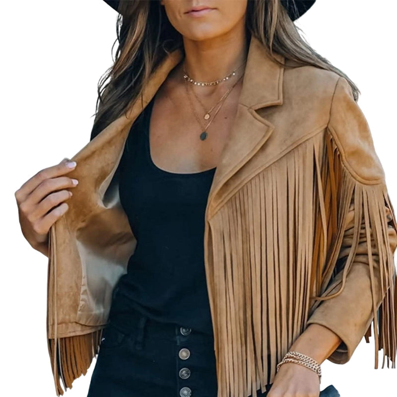 💰 Halva priset! Western fringe jacka i mockaimitation, med fransar, motorcykelstil, passar till allt. ✨