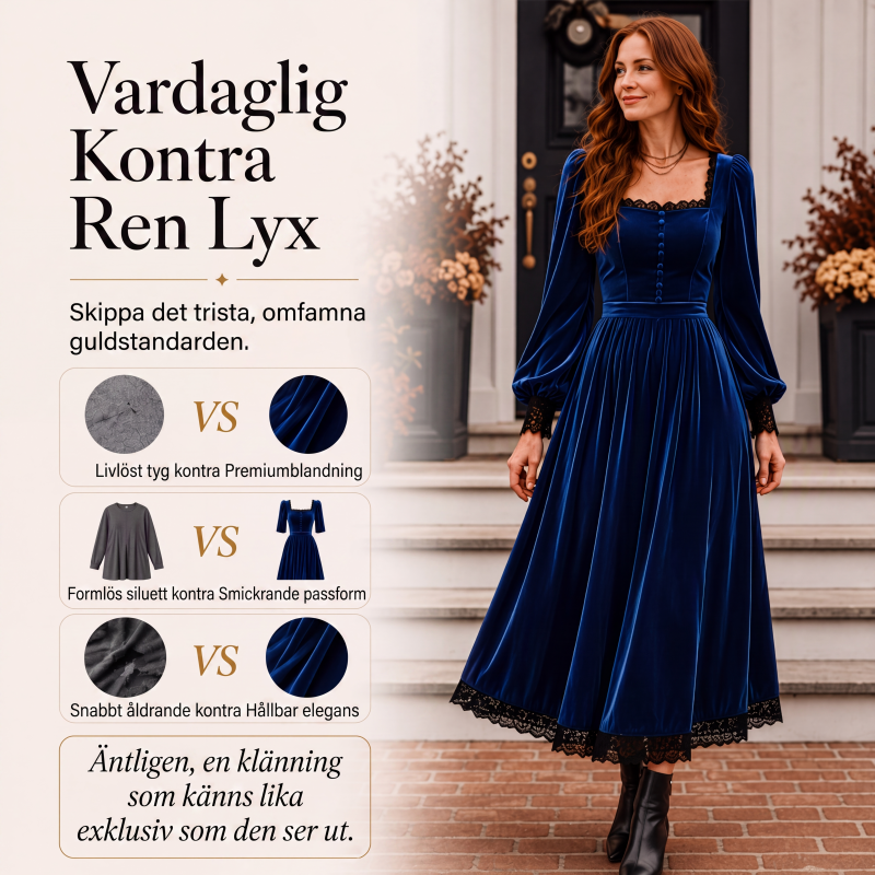 Kvinnors vintageklänning i sammet med fyrkantig halsringning