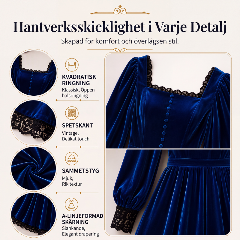 Kvinnors vintageklänning i sammet med fyrkantig halsringning