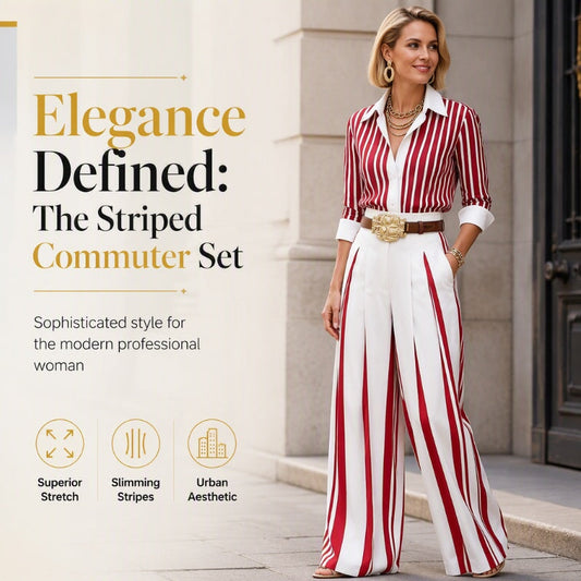 ✨👗 Randigt set för damer – avslappnad skjorta & byxor med vida ben | Smala, eleganta, bekväma