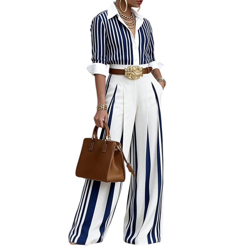✨👗 Randigt set för damer – avslappnad skjorta & byxor med vida ben | Smala, eleganta, bekväma