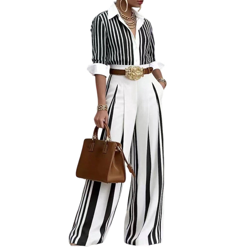 ✨👗 Randigt set för damer – avslappnad skjorta & byxor med vida ben | Smala, eleganta, bekväma
