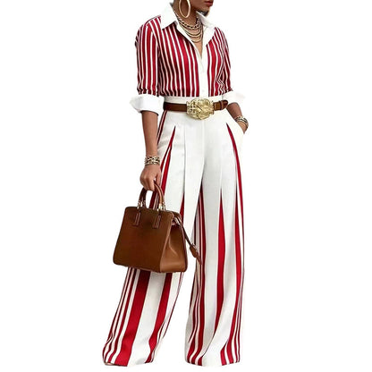 ✨👗 Randigt set för damer – avslappnad skjorta & byxor med vida ben | Smala, eleganta, bekväma
