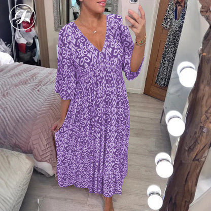 💖SISTA DAGENS REA 50 % RABATT💖Lång klänning i bohemisk stil med V-ringning och knytning i midjan
